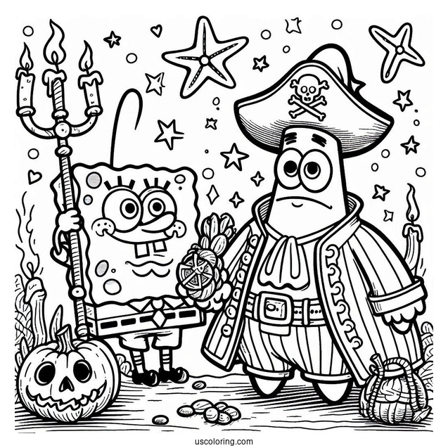 Pirate Patrick Star And SpongeBob Coloring Page On Halloween