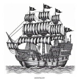 Front View Of A Realistic Pirate Ship Coloring Page