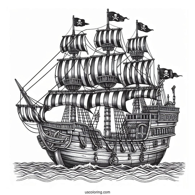 Front View Of A Realistic Pirate Ship Coloring Page