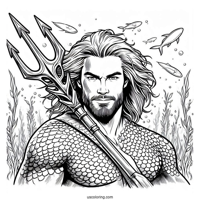 Aquaman Holding Trident Underwater Coloring Sheet