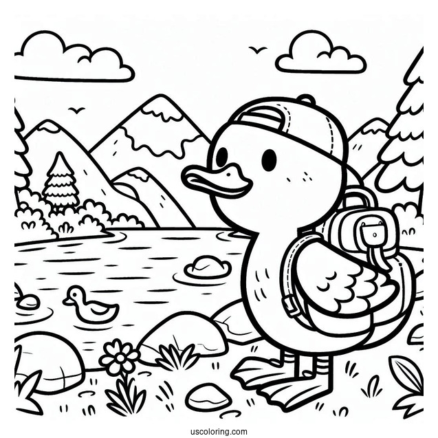 Simple Hiker Duck Next To the River Coloring Page For Preschoolers