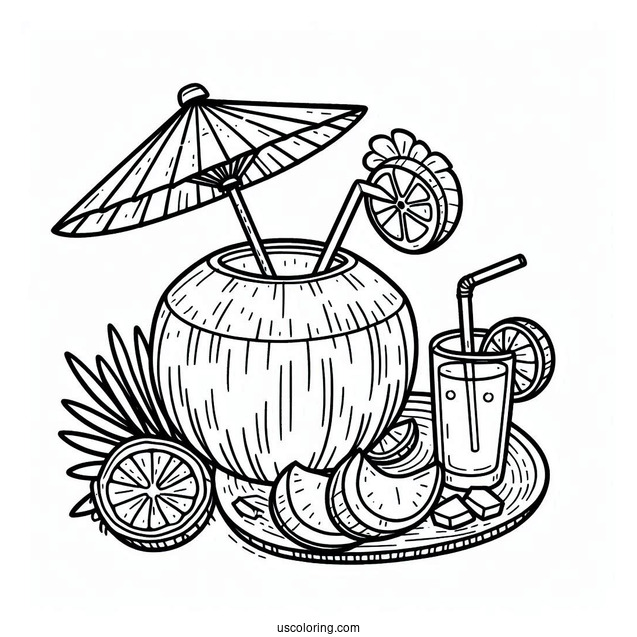 Delicious Coconut Coloring Page Drink With Paper Parasol And Fruit Slices