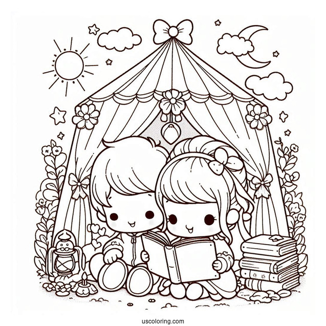 Precious Moments Coloring Page Of Girl And Boy Reading Inside Tent