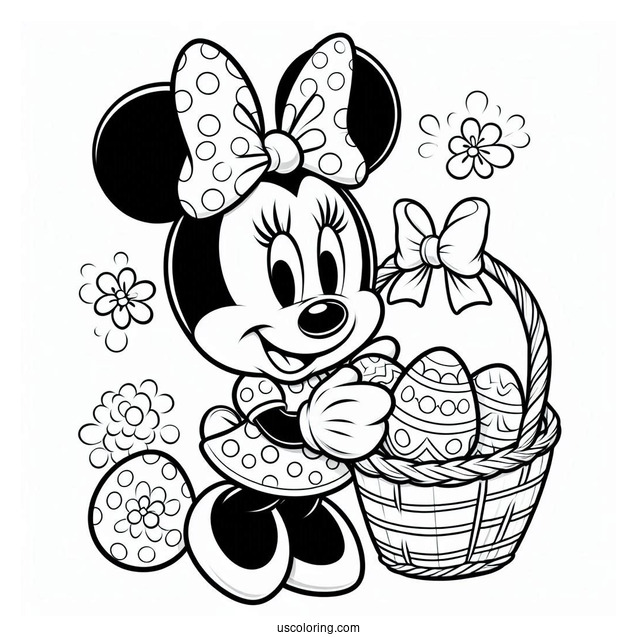 Minnie Mouse In Easter Bunny Coloring Page Costume Holding Basket With Eggs