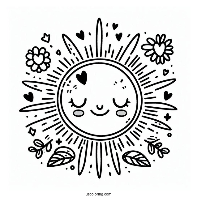 Adorable Summer Coloring Page Of Sun With Love Heart Sunrays For Preschoolers