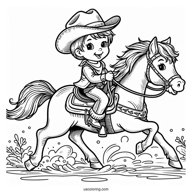 Young Cowboy Coloring Page Riding A Horse For Kids