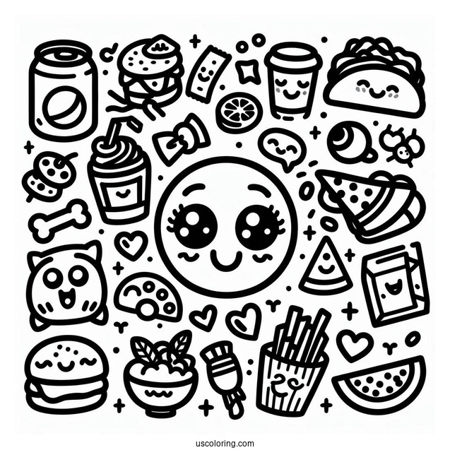 Emoji Coloring Page Varieties Of Faces, Objects, And Food