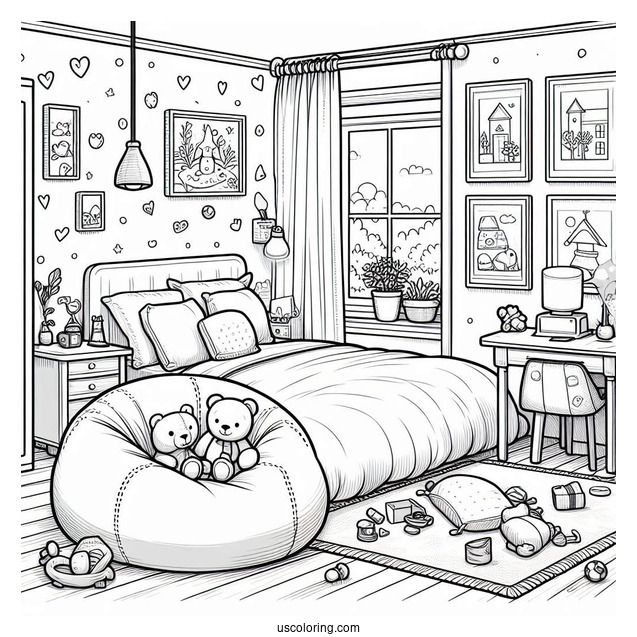 Kid's Bedroom Coloring Page With Bean Bag, Stuffed Toys, And Paintings