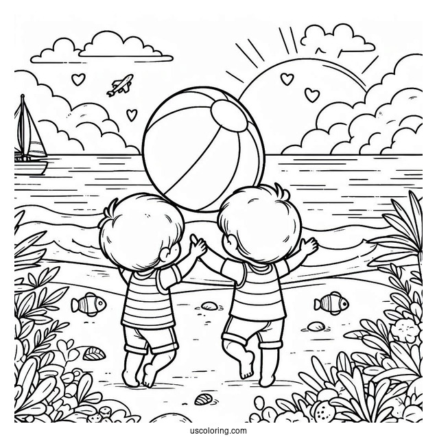 Two Kids Playing With A Beach Ball Coloring Sheet