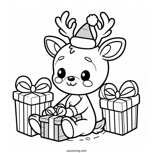 Cute Rudolph Coloring Page Sitting With Christmas Presents For Kids