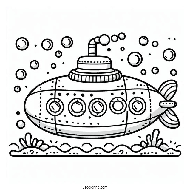 Easy Submarine Coloring PagevWith Bubbles For Preschoolers