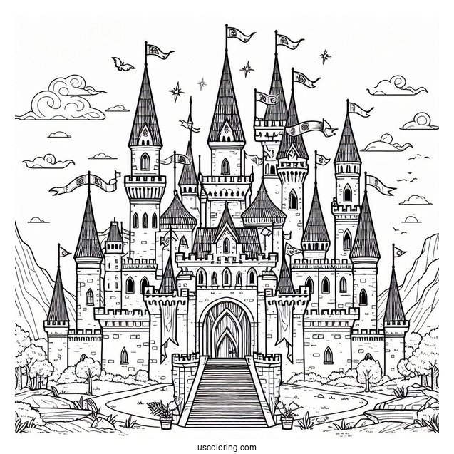 Fantasy Castle Coloring Page With Flags And Numerous Towers