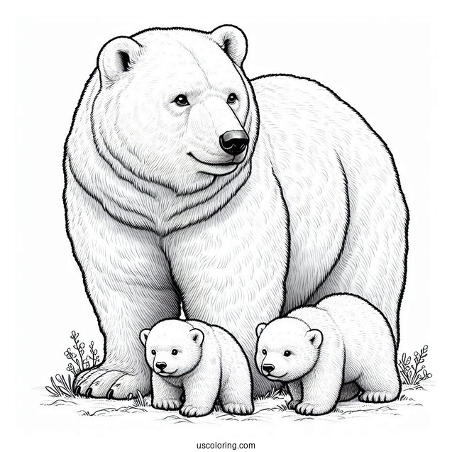 Realistic Coloring Page Of Polar Bear With Cubs