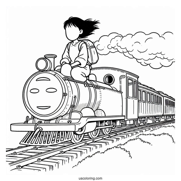 Studio Ghibli Coloring Page of Spirited Away Chihiro Riding Train With No Face And Bo