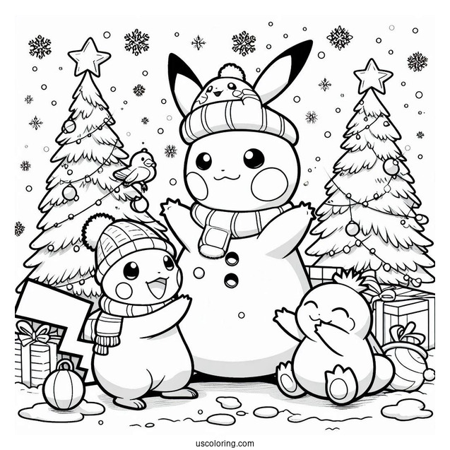 Pokemon Christmas Coloring Page Pikachu, Charmander, And Psyduck Making A Snowman