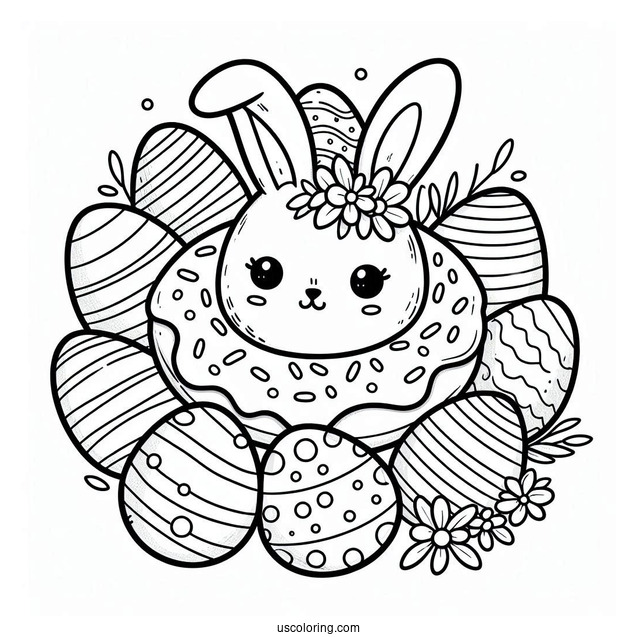 Easter Bunny Donut Coloring Page Surrounded By Eggs