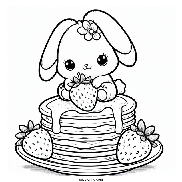 Adorable Bunny On Top Of Two Pancakes With Strawberries
