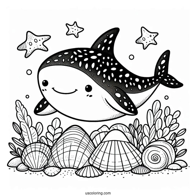 Cute Whale Shark Coloring Page With Seashells