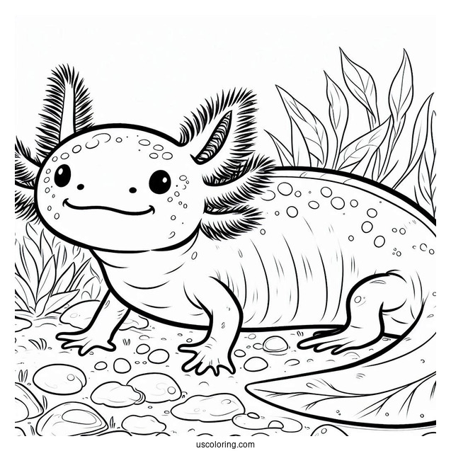 Large Axolotl Coloring Page Crawling On The Sea Floor