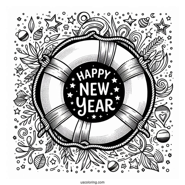 Life Buoy Ring With Happy New Year Coloring Page Of Words And Stars