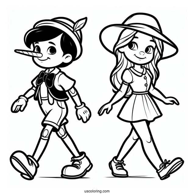 Easy Outline Of Pinocchio Coloring Page Walking For Kids
