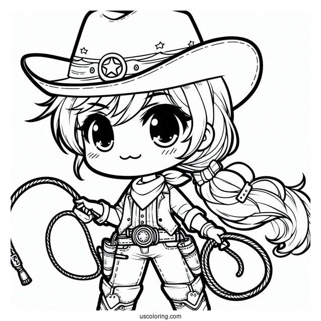 Cute Chibi Cowboy Coloring Page With A Lasso