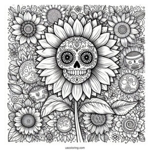 Sunflower Themed Sugar Skulls Coloring Page With Floral Background