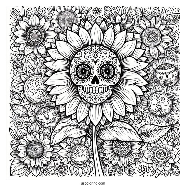 Sunflower Themed Sugar Skulls Coloring Page With Floral Background