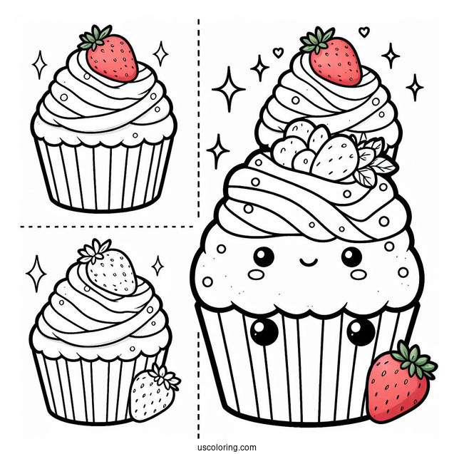 Kawaii Cupcake With Strawberries And Sugar Icing To Color
