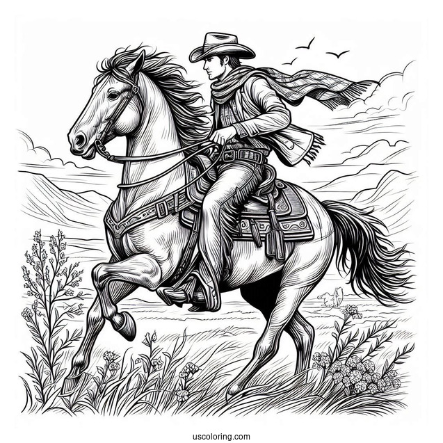 Cowboy Coloring Page Rearing A Horse
