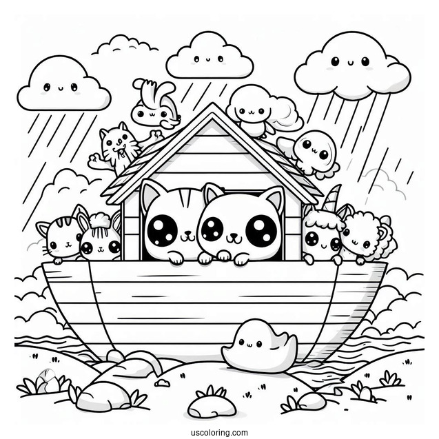 Kawaii Animals Looking Out Of Noah's Ark Coloring Page