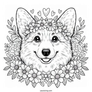 Corgi Coloring Page Face Surrounded By Flowers