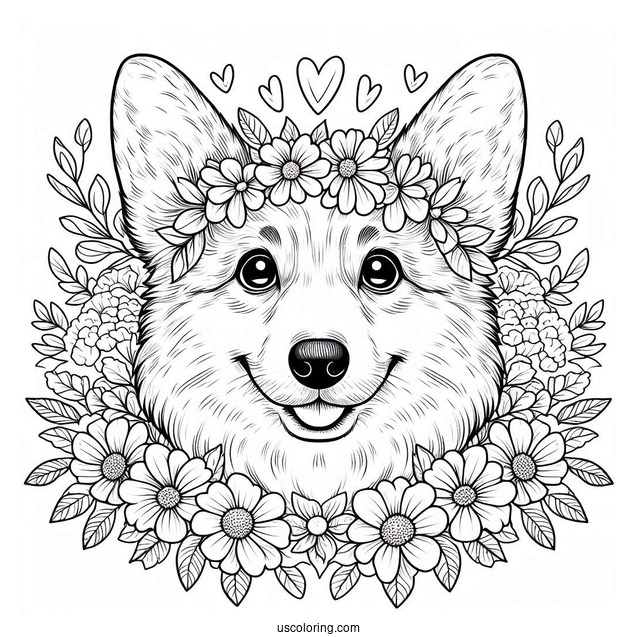 Corgi Coloring Page Face Surrounded By Flowers