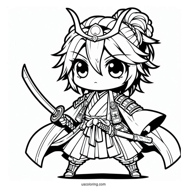 Fierce Young Chibi Coloring Page Samurai in Battle Robes