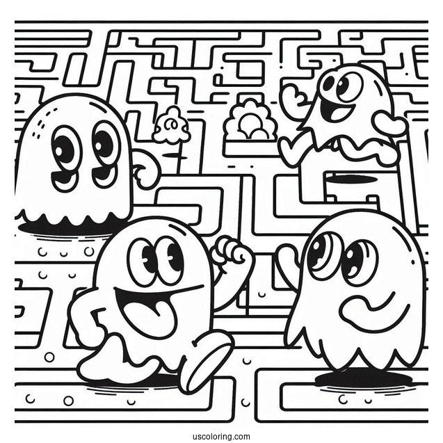 Inky, Blinky, Pinky, And Clyde Ghosts Chasing Pac-Man Coloring Page In Maze