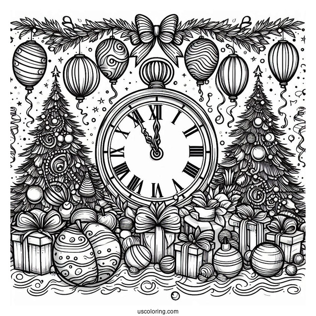 Large Party With A Massive Clock Striking Twelve On The New Year Coloring Page