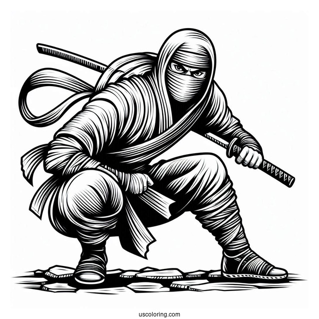 Detailed Ninja Crouching Low Coloring Sheet