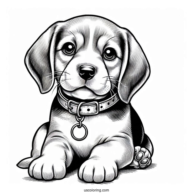 Coloring Page Of Realistic Beagle Puppy With Collar