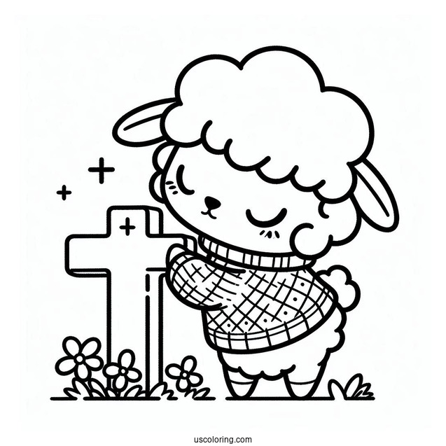 Kawaii Sheep In Sweater Leaning Over A Small Cross Coloring Page For Kids