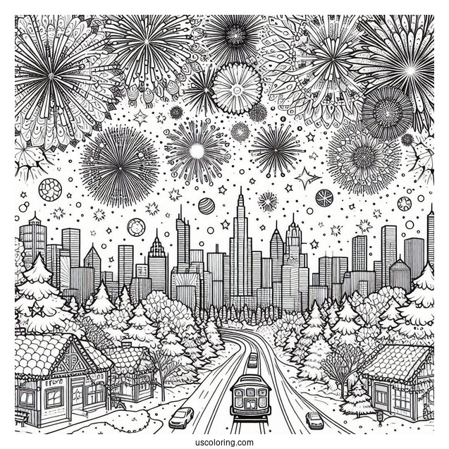 New Year Coloring Page Of Sky Covered With Fireworks In The City