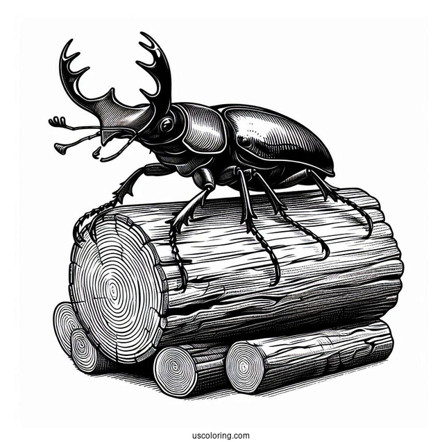 Realistic Stag Beetle Coloring Page On Log