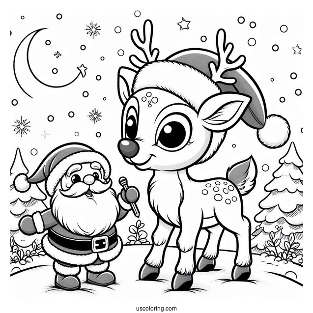 Cartoon Rudolph Coloring Page With Santa Claus In The Snow