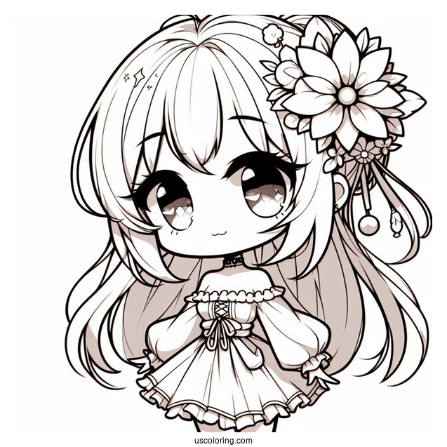 Chibi Anime Girl With Flower In Her Hair Coloring Sheet