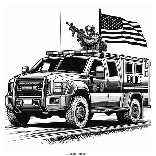 Police Car Coloring Page Of Realistic SWAT Vehicle With An Armed Agent Outside