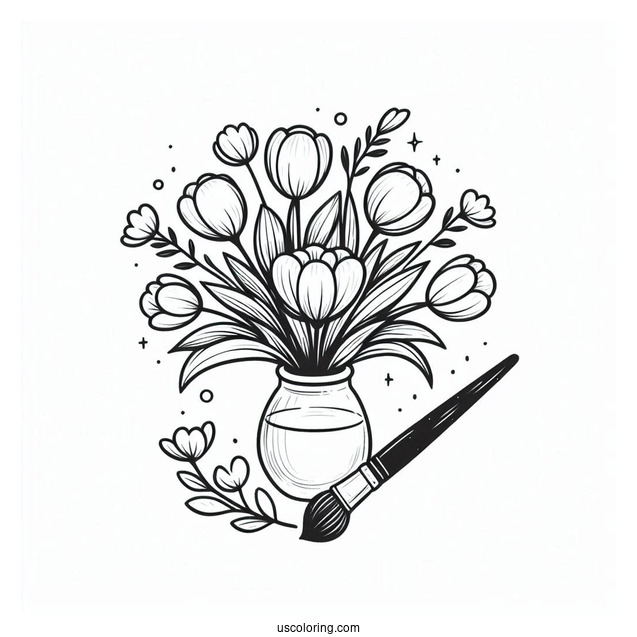 Flower Coloring Pages Of Tulips Bouquet On Paint Brush Handle Vase