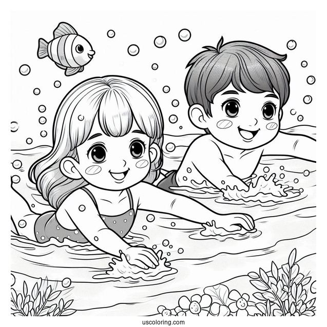 Realistic Little Boy And Girl Swimming Coloring Page