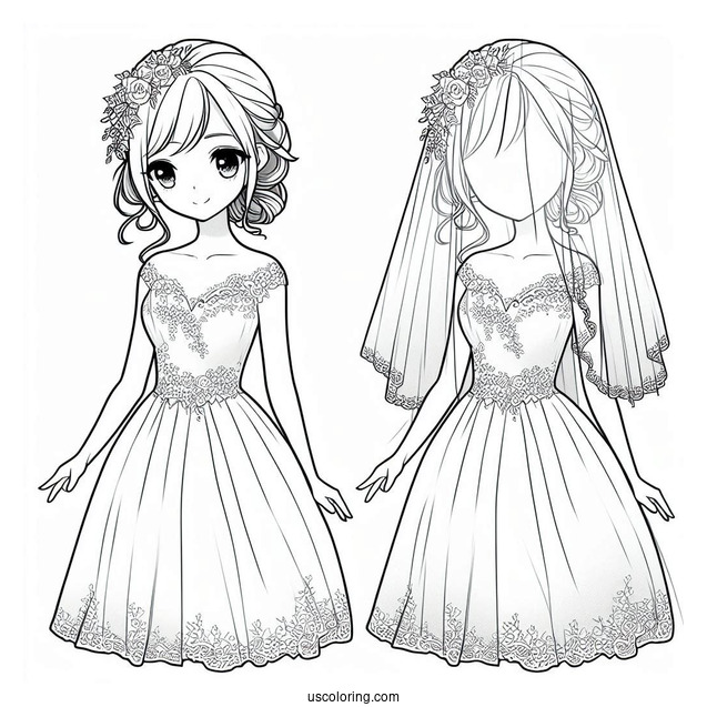 Bride Wearing Simple Dress Coloring Page With Short Veil