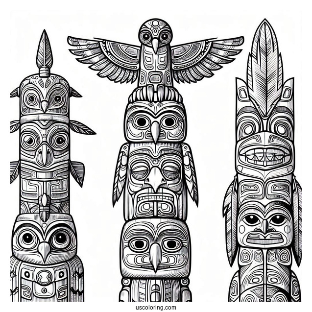 Detailed Native American Coloring Page Totem Pole