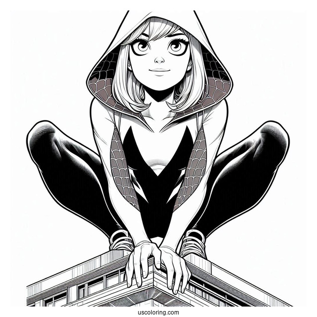 Spider-Gwen Coloring Page Looking Down From The Top Of A Building