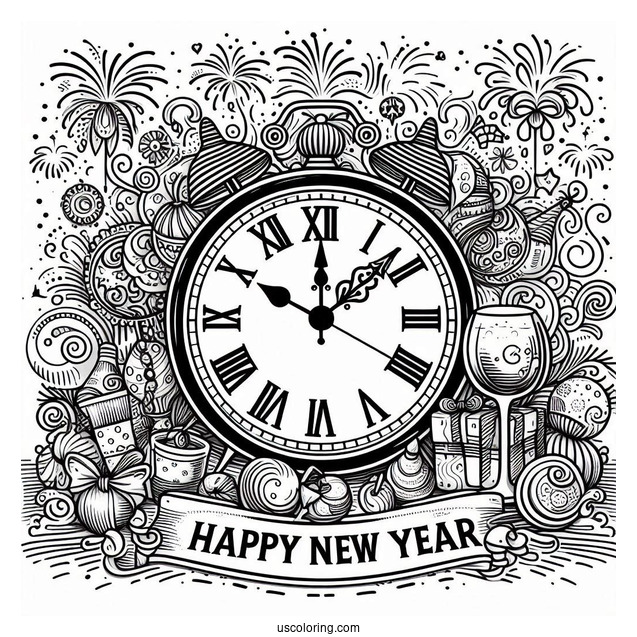 Large Party With A Massive Clock Striking Twelve On The New Year Coloring Page